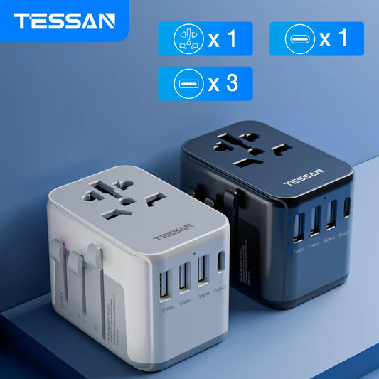 TESSAN Universal-Reiseadapter mit USB-Anschluss und Typ C, weltweiter Netzadapter EU/UK/USA/AUS-Stecker für Reisen